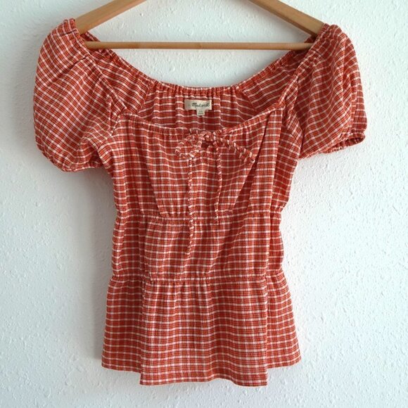 Madewell Omaha Tiered Top Women's Size XS Orange Gingham Square Neck - Picture 3 of 8